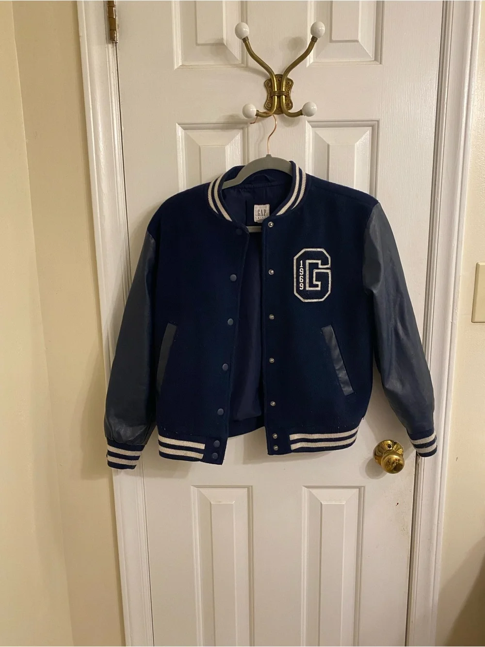 GAP KIDS SIZE LARGE NAVY BLUE WOOL LETTERMAN JACKET FAUX LEATHER SLEEVES LARGE
